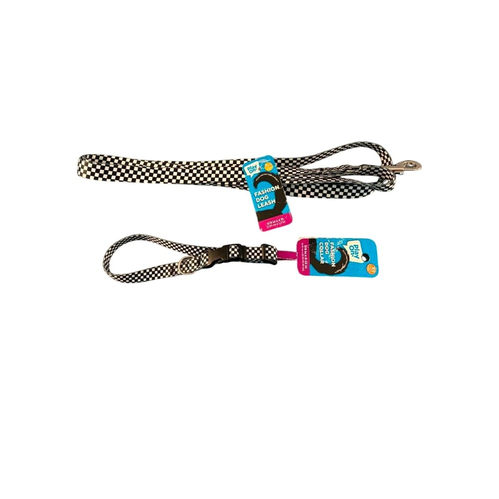 Play On! Collar and Leash Set Dog XS Black White NEW Checkered Pattern